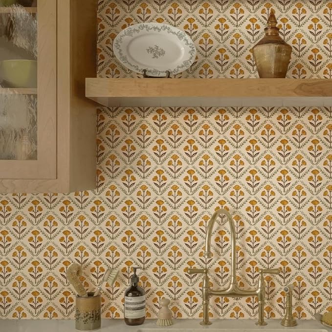 Dimoon 17.3''x197'' Peel and Stick Wallpaper Floral Cute Contact Paper Vintage Village Country Cottage Wallpaper Farmhouse Yellow Beige Renter Friendly Geometry Waterproof Embossed Kitchen Bedroom by DIYYOURMOON