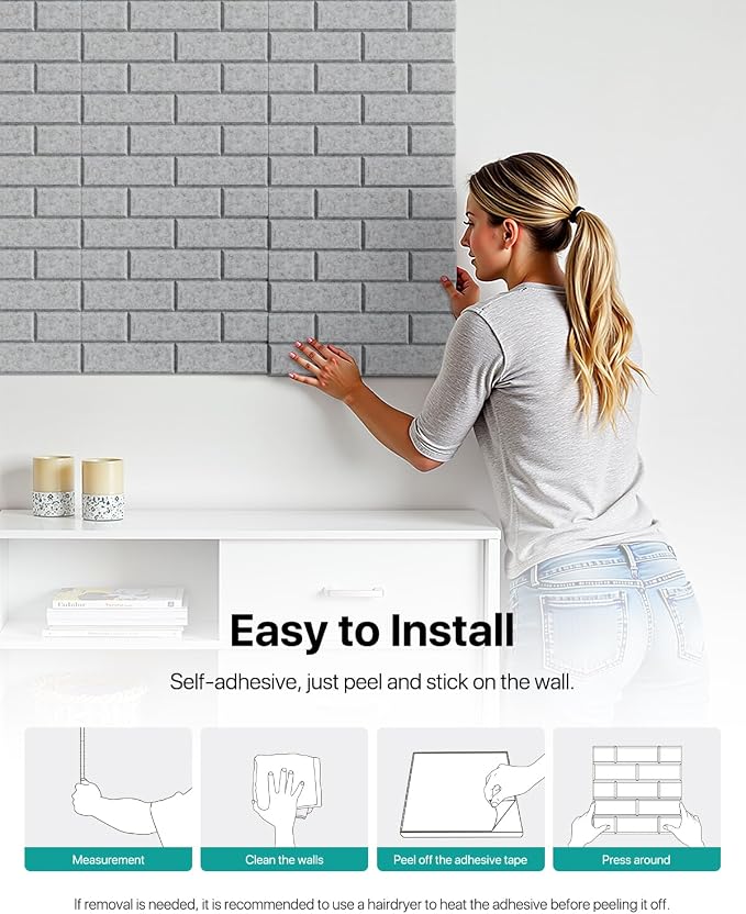 Soundsbay 18-Pack Brick Acoustic Panels, Self-Adhesive, 12"X12" | Covers 17.4 sq ft, 150kg/m³ High-Density Polyester, Soundproof Wall Panels for Recording Studio, Home Theater, Office Gray - Image 6