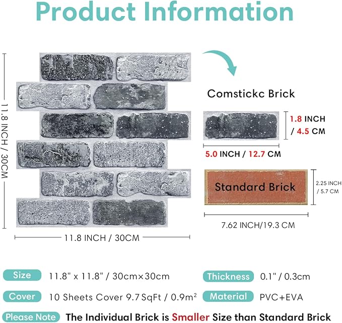 Commomy 3D Faux Brick Peel and Stick Tiles 10 pcs 11.8" x 11.8" | Small Size Thin PVC Brick Wall Panels Farmhouse Brick Wallpaper Tile for Kitchen Backsplash,Living Room(Covers 9.7 sq.ft) - Image 4