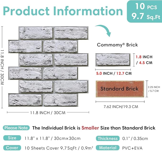 Commomy Faux Brick Wall Panels Peel and Stick Thin PVC 10 Pcs 11.8" x 11.8" | Small Size Thin PVC Quick Wall Covering Home Decor for Kitchen,Fireplace,Home Office (Covers 9.7 sq.ft) - Image 5