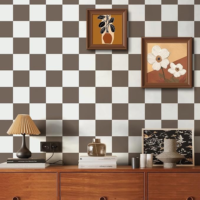 Ismoon Plaid Peel and Stick Wallpaper Vintage Brown Contact Paper 17.3"x78.7" Neutral Mosaic Checkered Wallpaper Stick on Removable Wall Paper for Cabeints Bedroom Kitchen Renter Friendly Vinyl - Image 2
