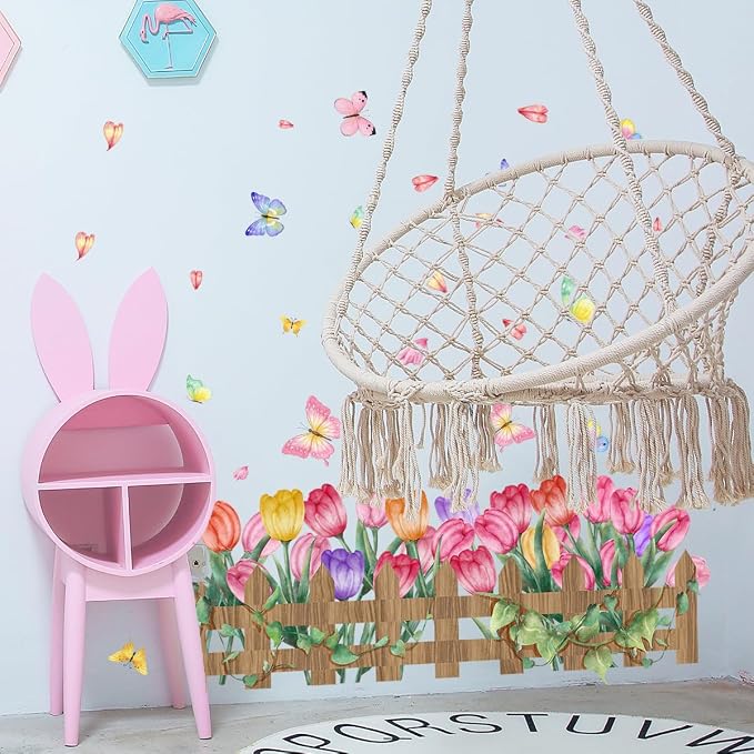 2 Pieces Tulips Wall Decals Vinyl Flowers Wall Stickers Removable Floral Art Murals Peel and Stick Colorful Tulips Fence Butterfly Decor for Girls Bedroom Living Room Nursery - Image 4
