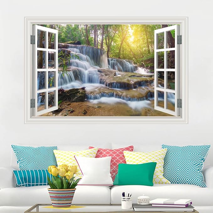 Fake Window Wall Mural Sticker Forest Tree Jungle Waterfall Faux Window Poster Decal Picture Open Wall Art Decor, Stick and Peel Landscape Natural Scenery Scene（48"x32",Set of 2 Sheets） - Image 7