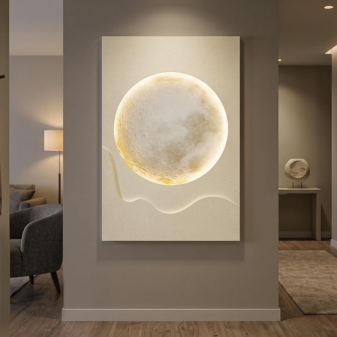 Cuspin Large White 3D LED Moon Wall Art, 24x36 In | Modern minimalist style, Warm lighted lunar, Cream tones textured design, For living room bedroom dining room hallway - Image 4