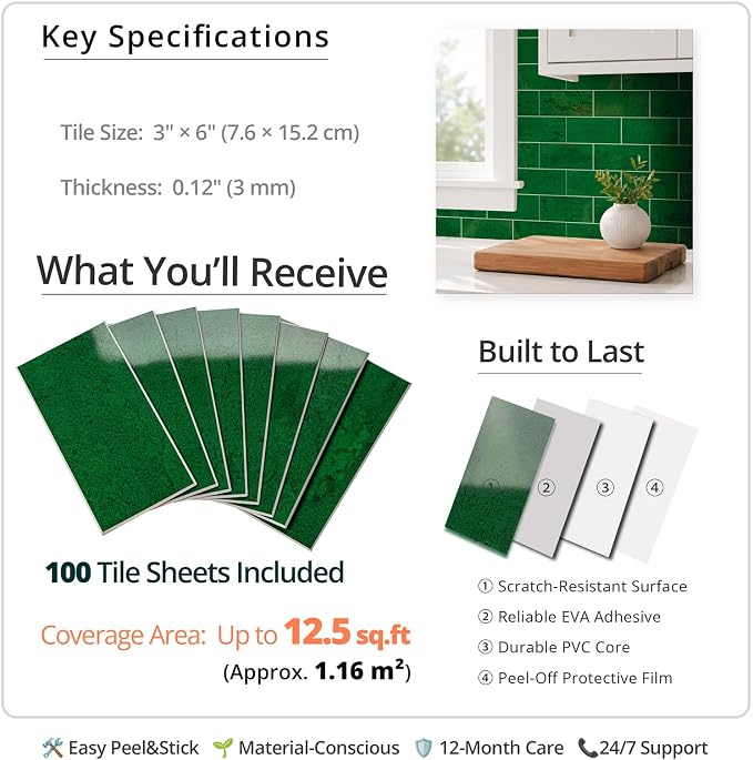 StyloVue 100 Pieces Peel and Stick Backsplash for Kitchen, 3" x 6" PVC Subway Tile, 2026 Upgraded Emerald Green Stone, Stick on Wall Tile for Kitchen, Bathroom, Fireplace, RV - Image 4