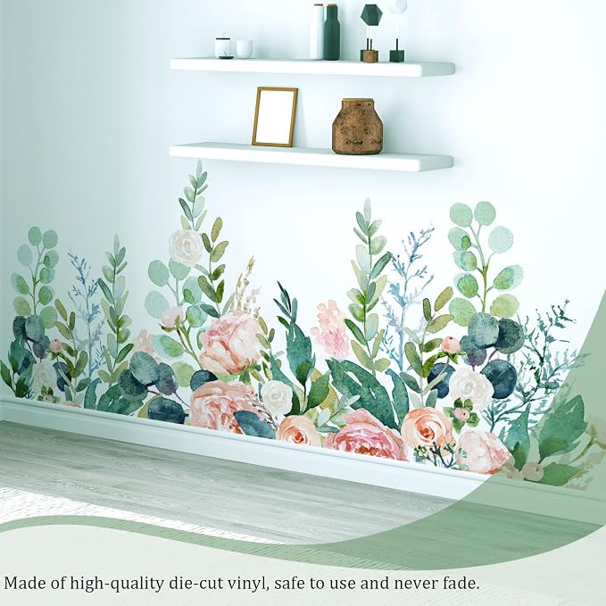 Watercolor Flowers Leaves Wall Decals Peel and Stick, Large Floral Flowers Wall Stickers, Removable Vine Home Decor Art for Bedroom Living Room Classroom Office - Image 6