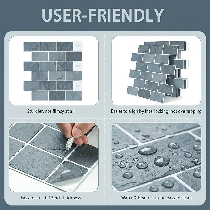 Arttown Peel and Stick 3D Wall Backsplash, 10-Sheet, 12" × 12" Marble Grey | Subway Tiles Self Adhesive Thicker Design Wall Tile Panel Wallpaper for Bathroom Balcony Kitchen Rental Housing - Image 6