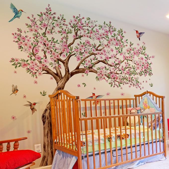 Large Pink Flower Tree Wall Decals Cherry Blossom Floral Branch Wall Stickers Peach Flower Birds Home Art Decals Stickers Living Room Bedroom Tv Background Wall Decor - Image 3