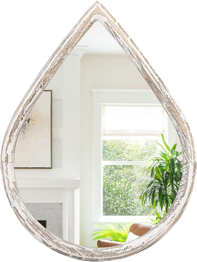 Farmhouse Wall Hanging Mirror Drop Shaped Mirror with Wood Framed Wall Mirror Vintage Decor for Bedroom Living Room Bathroom Entryway by FEUFOAM