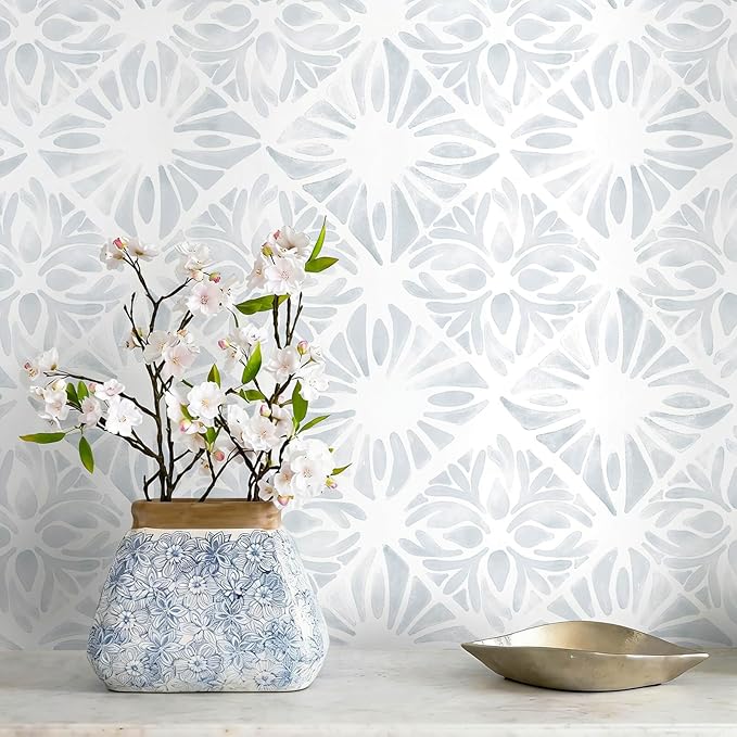 Blue Wallpaper Coastal Peel and Stick Wallpaper Boho 197"x17.3" Blue and White Wall Paper Geometric Contact Paper Textured Removable Vinyl Waterproof for Bathroom Bedroom Farmhouse Kitchen by Fiula