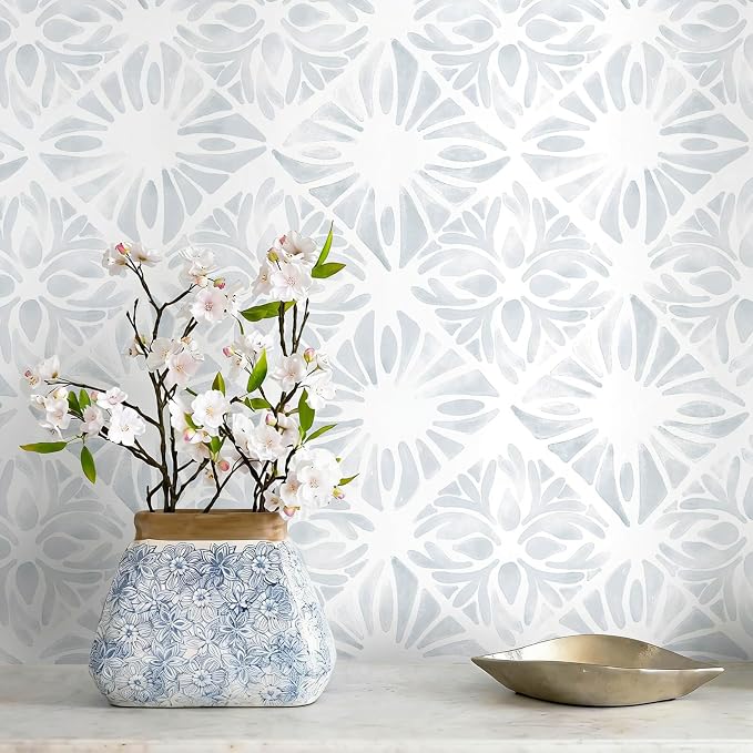 Blue Wallpaper Coastal Peel and Stick Wallpaper Boho 393"x17.3" Blue and White Wall Paper Geometric Contact Paper Textured Removable Vinyl Waterproof for Bathroom Bedroom Farmhouse Kitchen by Fiula