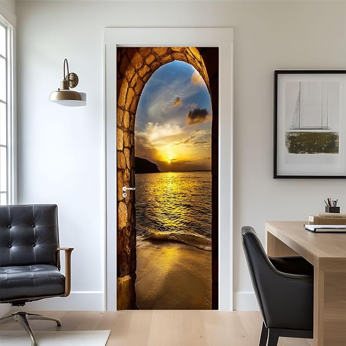 artfanke 3D Door Sticker Peel and Stick 30.3"x78.7"-Self-Adhesive Door Murals Wallpaper - Sunset Beach Arch Ocean Wall Decals Waterproof for Bedroom Decor (2 Sheets/Set) - Image 8