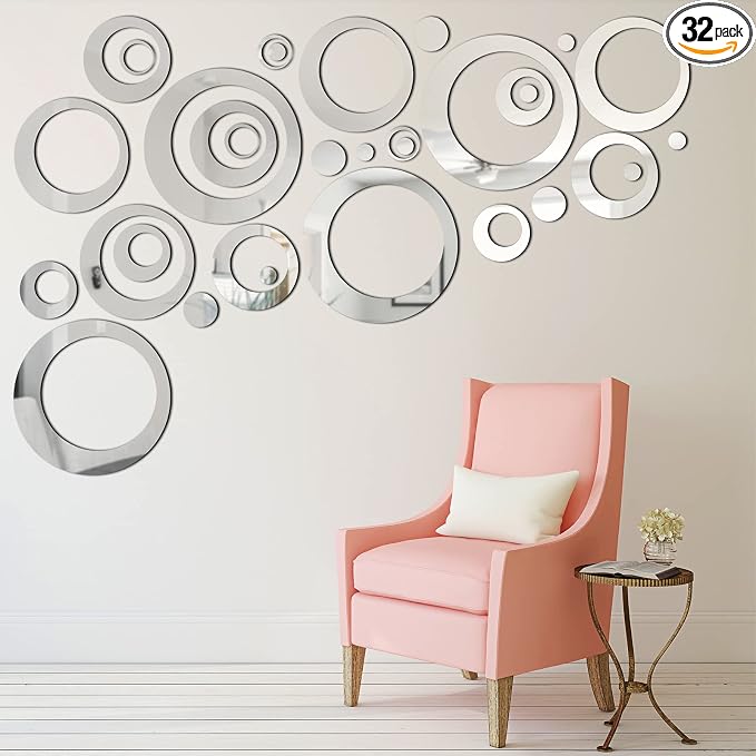 Shappy 32 Pcs Round Mirror Stickers for Walls, Silver | 1.5-13.5 cm, Acrylic Removable Peel and Stick Decals, Multi-size Set, Home Wall Decor for Bedroom Living Room by Shappy