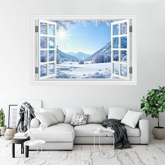 Fake Window Wall Decal- Winter Sunshine Snow Mountains Open Wall Sticker | Faux Window Conifer Forest Snowfield Natural Landscape Mural｜Stick and Peel Wall Decals｜for Home Room Scene Decor｜24"x16" - Image 7