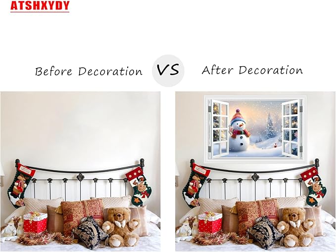 Fake Window Wall Decal - Merry Christmas Snowman Conifer Snow Scene Sticker | ｜Faux Window Merry Christmas Wall Art Mural ｜ Stick and Peel Wall Decals｜for Xmas Room Office Decor｜48"x32",Set of 2 Sheets - Image 7