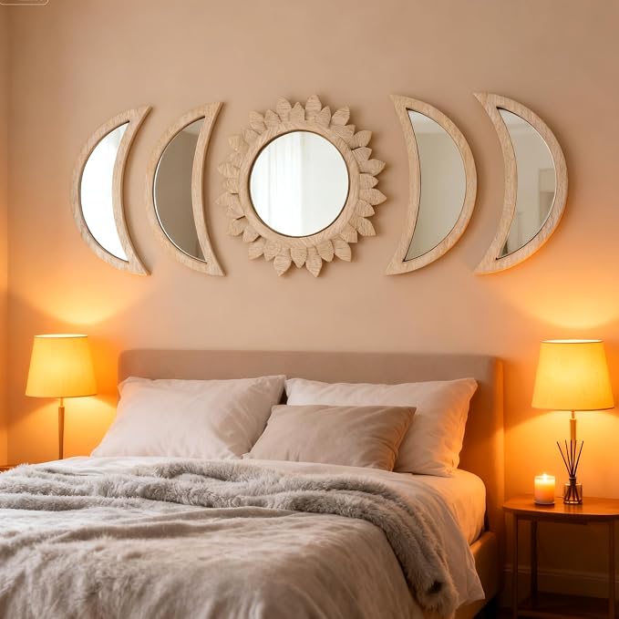 5 Pieces Moon Phase Mirror Wall-Mounted Wall Decor Mirrors Natural Wooden Sunburst Bohemian Wall Art for Home Living Room Bedroom Decoration - Image 7