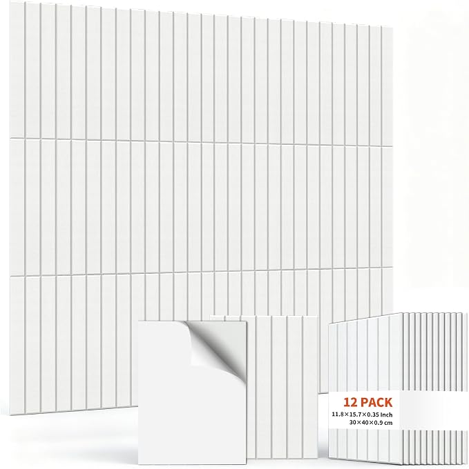 TO-TH Sound Absorbing Panels Self-Adhesive Acoustic Wall Panel 12Pack,White | Peel and Stick, Sound Deadening Panels for Acoustic Treatment, 100%Polyester Fiber, 11.8"×15.7"×0.35", for Studio,Office,Home by TO-TH