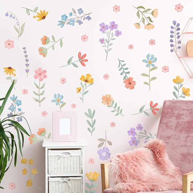 Boho Watercolor Flower Wall Decals - Removable Wildflower Art for Girls Bedroom, Nursery, Kids Room - DIY Cute Vinyl Murals Decorations - Image 4