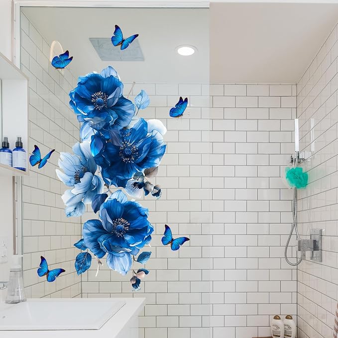 Blue Flower Wall Decals Peel and Stick Peony Floral Wall Sticker Decor Removable Peonies Bouquet Wall Murals with Butterflies for Girls Bedroom Living Room Bathroom Hallway Door Office Kids Nursery - Image 8