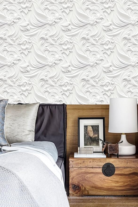 Peel and Stick Wallpaper White Gray Scroll Floral Modern - Image 6