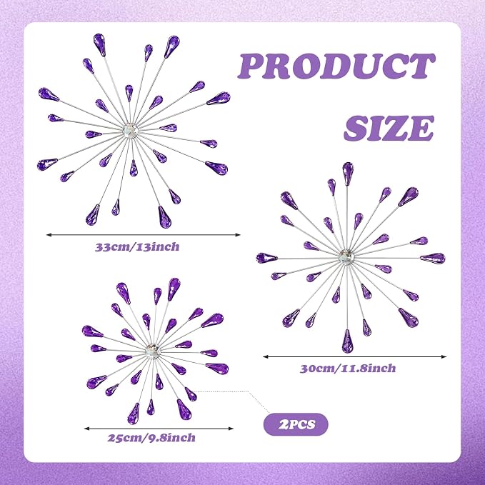ZEXUIRU 4 Set Silver Starburst Wall Art for Home Decor Metal Bling Crystal Rhinestones Sunburst Wall Decor Sparkling Rhinestone Art Accent -Purple 13in/11.8in/9.8in/9.8in - Image 3