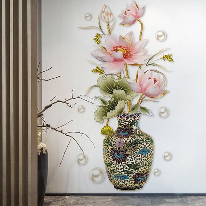 Chinese Style Lotus Flower Vase Wall Sticker, 24"x47" Classical Lotus Flower Wall Decals Murals Peel and Stick 3D Wall Art Stickers for Girls Bedroom Nursery Living Room TV Home Decor - Image 5