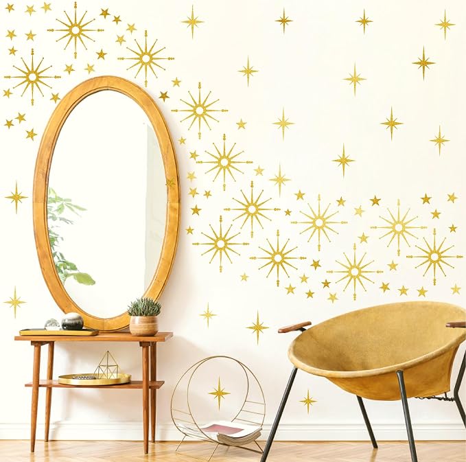 Gold Star Wall Sticker Retro Starburst Peel and Stick Decal for Living Room | Wall stickers, modern mid century decor, atomic removable art mural, ceiling stars, peel and stick, for kids bedroom nursery - Image 3