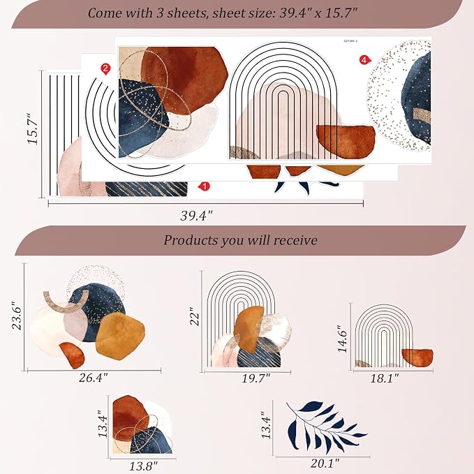 Boho Mid-Century Modern Wall Decals Peel and Stick, Large Archs Abstract Vinyl Wall Stickers, Removable Leaves Plants Home Decor Art for Bedroom Living Room Classroom Office - Image 2