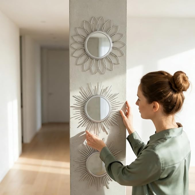 Boho Sunburst Wall Mirror Set of 3, 12 Inch Round Antique & Modern Metal Wall Art, Hanging Over The Door Mirrors for Wall Decor in Living Room, Bedroom, Bathroom, Entryway（Sliver） - Image 6