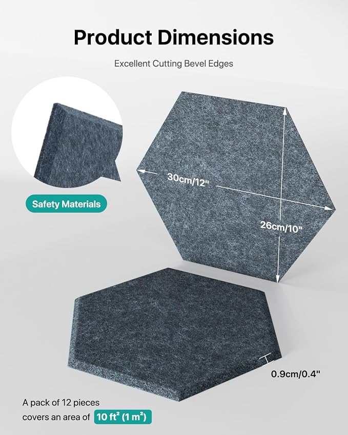 Soundsbay Hexagon Acoustic Panels, Self-Adhesive 18 Pack Sound Panels | 150kg/m³ High-Density Polyester, Covers 15 sq ft Soundproof Wall Panels for Walls, Office, Ceiling 12" X 10" Dark Gray - Image 5