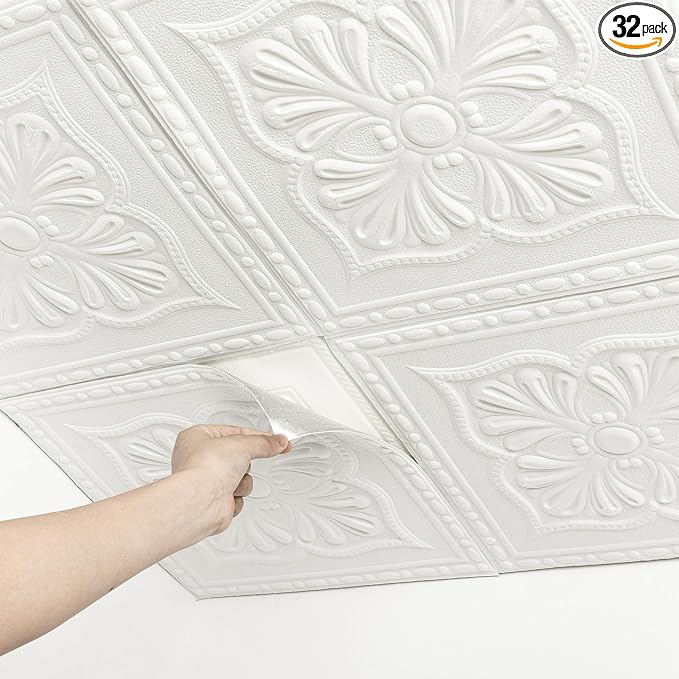 Ceiling Tiles Peel and Stick, 32 Pcs Ceiling Tiles Foam | Covered 42 Sq.Ft, Easy to Install and Cut for Ceil and Interior Wall Decor, Plain White（13.8 x 13.8 inch） by Dureidos
