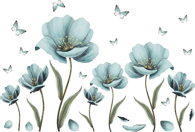 8 Sheets Creative Blue Flowers Wall Decal DIY Removable Painted Butterflies Wall Sticker Romantic Painting Art Mural Vinyl Peel and Stick for Home Living Room Bedroom Office Bathroom Wall Decoration - Image 8