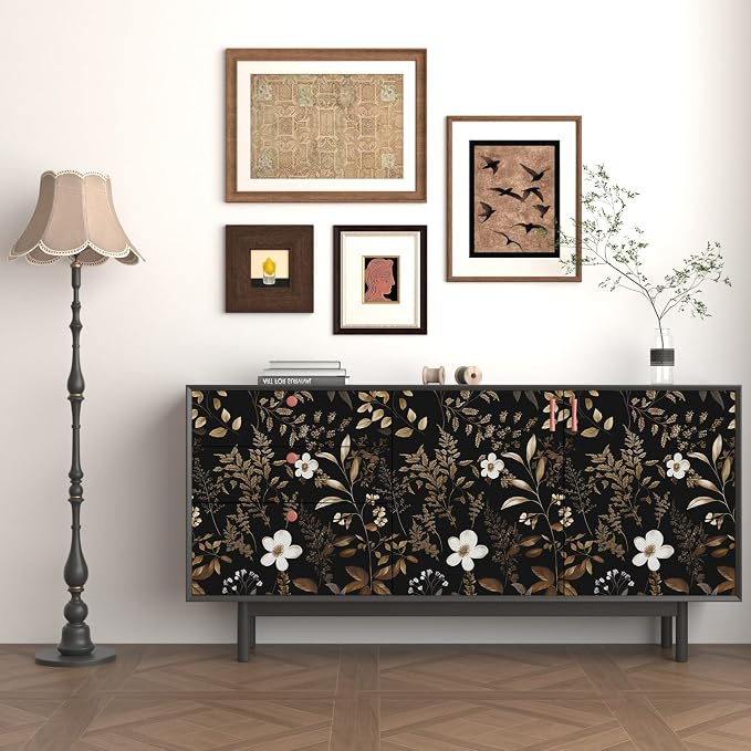 Laatse Floral Leaf Vintage Wallpaper Peel and Stick 17.5"x118", Gold Black | Self Adhesive/Removable/Waterproof/Thick Vinyl Contact Paper for Bathroom Bedroom Shelf Cabinet Drawer,Prepasted,Easy Peel - Image 2
