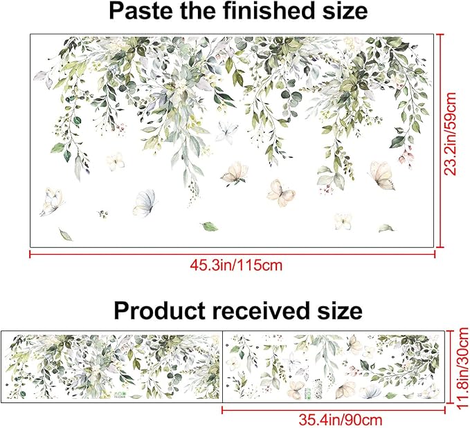 Hanging Green Leaves Wall Decals Elegant Plants Wall Stickers DIY Vinyl Peel and Stick Butterfly and Leaf Wall Art Murals for Kids Girls Bedroom Living Room Offices Nursery Closet Ceiling Vertex Line (B) - Image 2