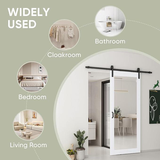JUBEST 42x84 in Mirror Barn Door and 7FT Sliding Door Hardware Kit Included, White Full Length Mirror, Solid Wood Panel Covered with Water-Proof PVC Surface, No Assembly Required - Image 2
