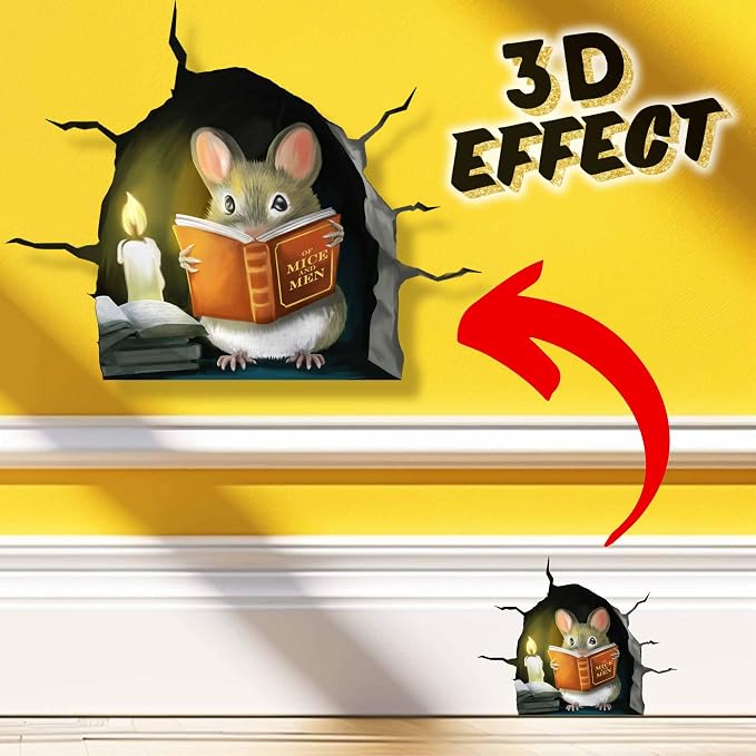 3D Mouse Reading Book in Mouse Hole, Decal Sticker, Removable Wall Decor, Book Lover Gift Idea, Baseboard, Wall Sticker Decal, Kids Room, Classroom, Library - Image 2