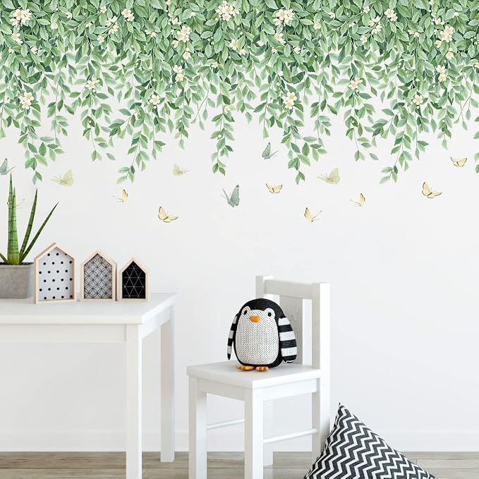 White Flowers Wall Decals Hanging Green Leaves Wall Stickers Butterflies Plants DIY Art Mural Decortions for Kids Baby Girls Bedroom Living Room Offices Nursery Classroom Closet Ceiling Vertex Line (A) - Image 7