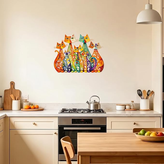 Wesiti Cat Wall Art Metal Sculpture 13.78x10.71 Colorful Mid Century | Iron Decor for Cat Lover, Retro Geometric Design, Home Living Room Bedroom Kitchen Office Sculpture, Ethereal Style - Image 7