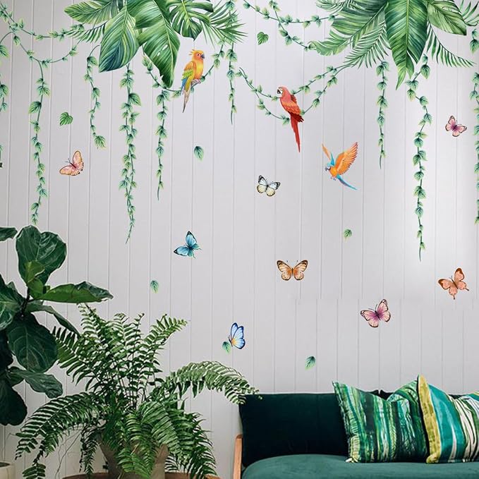 Jungle Wall Decals Peel and Stick, Large Tropical Palm Leaves & Parrot Wall Stickers, Removable Watercolor Forest Mural for Living Room, Bedroom, Nursery (Green-a) - Image 4