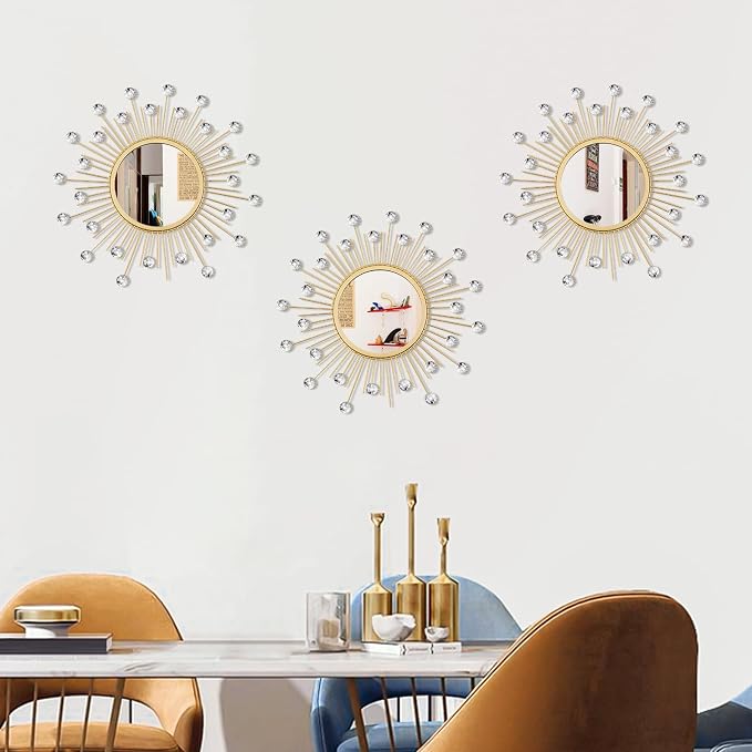 3 Pack Metal Mirrors for Wall Sunburst Wall Mirrors Home Décor Decorative Hanging Wall Art for Living Room Bedroom Entryway (Gold Crystal, Sunburst) - Image 3