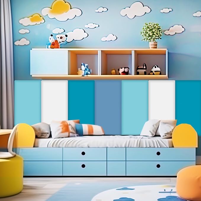 Hahafelt 8 Pack Wall Padding for Playroom Peel and Stick Headboard 15.75" x 7.87" x 1.18" 3D Anti Collision Upholstered Wall Panels Self Adhesive Headboard Panel for Protection (Blue Colors) - Image 3