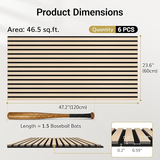 TONOR Wood Wall Panels for Interior Wall Decor-6 Pack 47.2" x 23.6" | Wood Slat Acoustic Panels-46.41ft², Soundproof Wall Panels for Noise Cancelling and Decoration, Living Room, Office, Oak - Image 4
