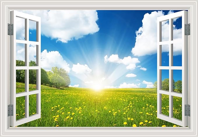 Fake Window Wall Mural Sticker -Summer Sunrise Green Grassland Flower Decal | Faux Window Natural Scenery Landscape Decorations｜Stick and Peel Art Decals｜Room Bedroom Office Scene Picture Decor｜24"x16" by Clickhere
