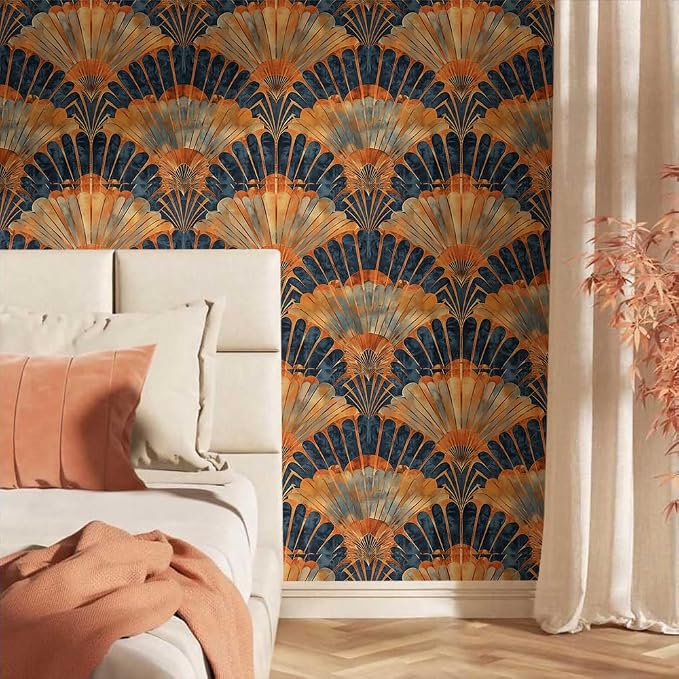 18"x236" Brown Orange Fan-Shaped Geometric Art Boho Peel and Stick Self Adhesive Wallpaper Removable Contact Paper Stick on Easy Peel Off Wall Paper for Kitchen Bedroom Bathroom Renter - Image 2