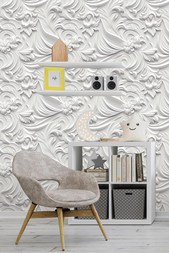 Peel and Stick Wallpaper White Gray Scroll Floral Feature - Image 2