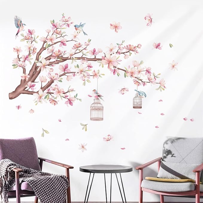 wondever Cherry Blossom Flowers Wall Stickers Pink Magnolia Floral Tree Branch Birds Peel and Stick Wall Art Decals for Living Room Bedroom TV Wall | Peel and Stick, Removable, Wall Art Decals, Wall Decoration, Living Room Bedroom, Office Sofa TV Home ... - Image 3