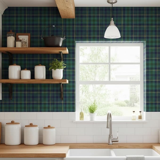 Drydiet Tartan Plaid Wallpaper Peel Stick Contact Paper 15.8 x 118.1 | Self Adhesive, Vintage Green Plaid Design, Easy Apply Remove, Wall Sticker for Home Locker Dorm Classroom Living Room Decor - Image 4