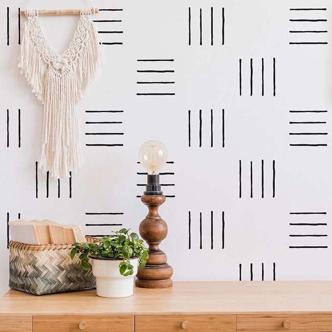 4-Line Black Wall Decals with a Template, Boho Scandinavian Décor | 200 matte black strips to craft a stunning boho Scandinavian accent wall. Guide included for hallway, bedroom, living room. - Image 2
