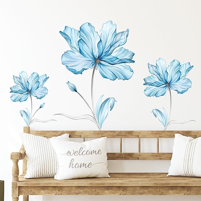 Zonon 6 Pcs Flower Wall Decals Peel and Stick Sticker, Blue Flower | Vinyl Removable Wall Stickers & Murals, Watercolor Flower Wall Decals, Blue Floral Decor for Bedroom, Living Room, Nursery by Zonon