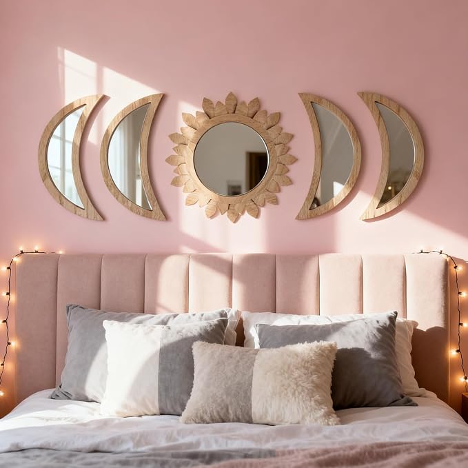 5 Pieces Moon Phase Mirror Wall-Mounted Wall Decor Mirrors Natural Wooden Sunburst Bohemian Wall Art for Home Living Room Bedroom Decoration (Natural) - Image 2